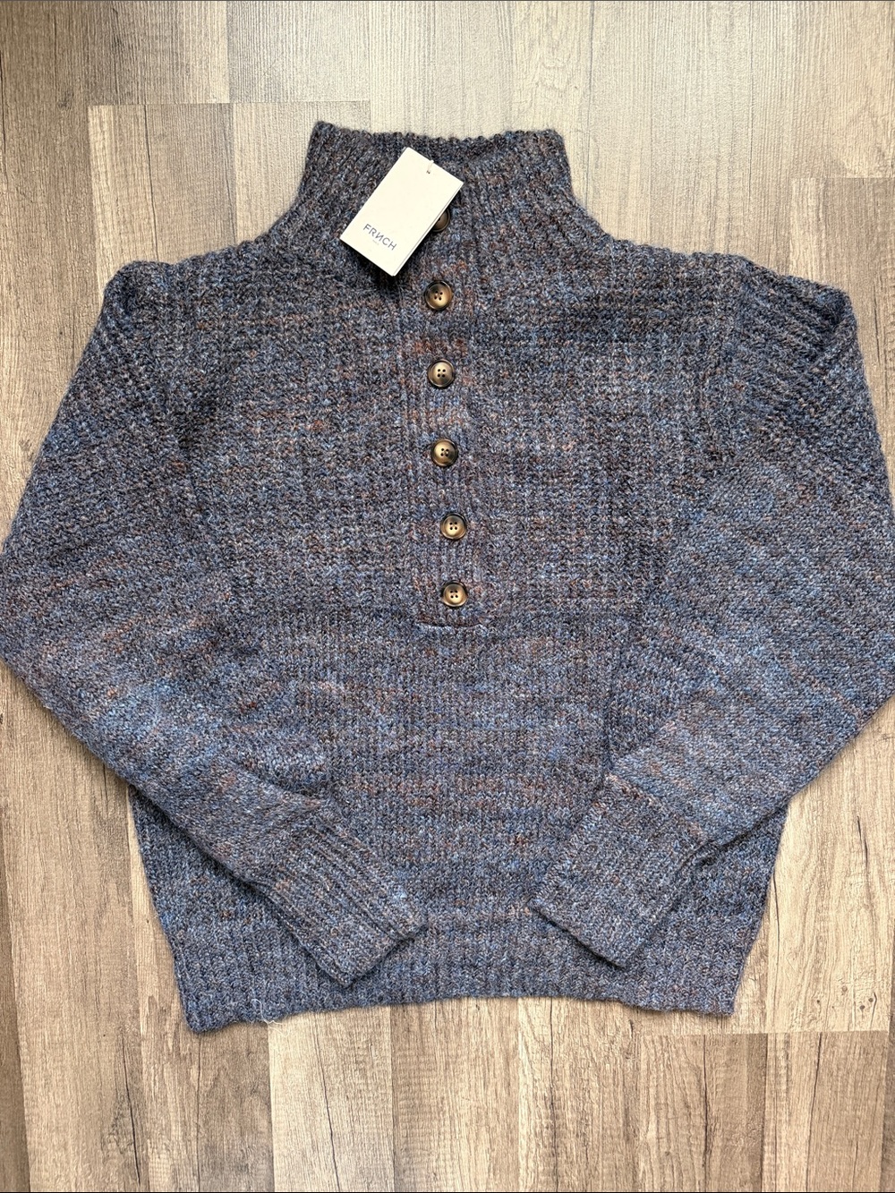 FRNCH Heathered Blue Button-Neck Turtleneck Sweater